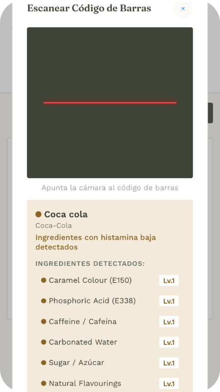 Escáner de código de barras de MyHistaMap detectando ingredientes con histamina