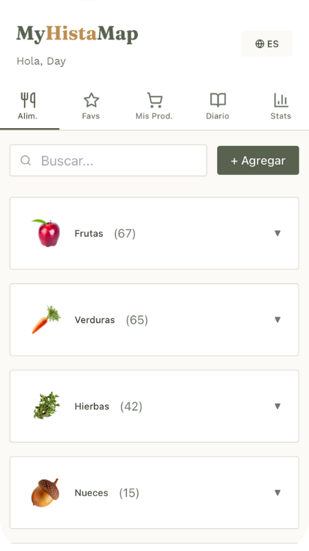 App de MyHistaMap mostrando categorías de alimentos