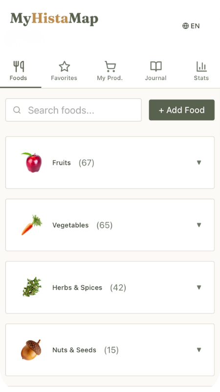 MyHistaMap app showing food categories