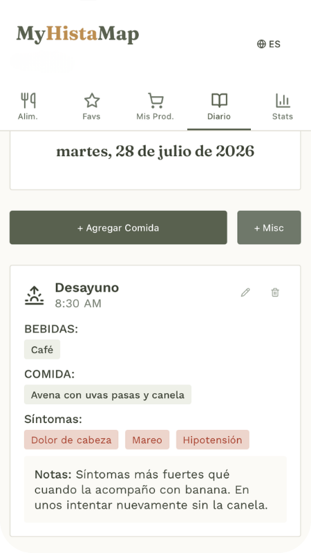 App de MyHistaMap mostrando estadísticas de síntomas de 14 días