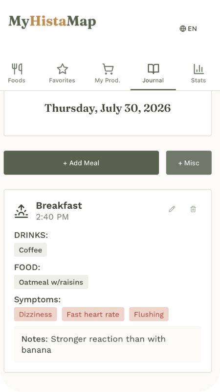 MyHistaMap app showing 14-day symptom stats